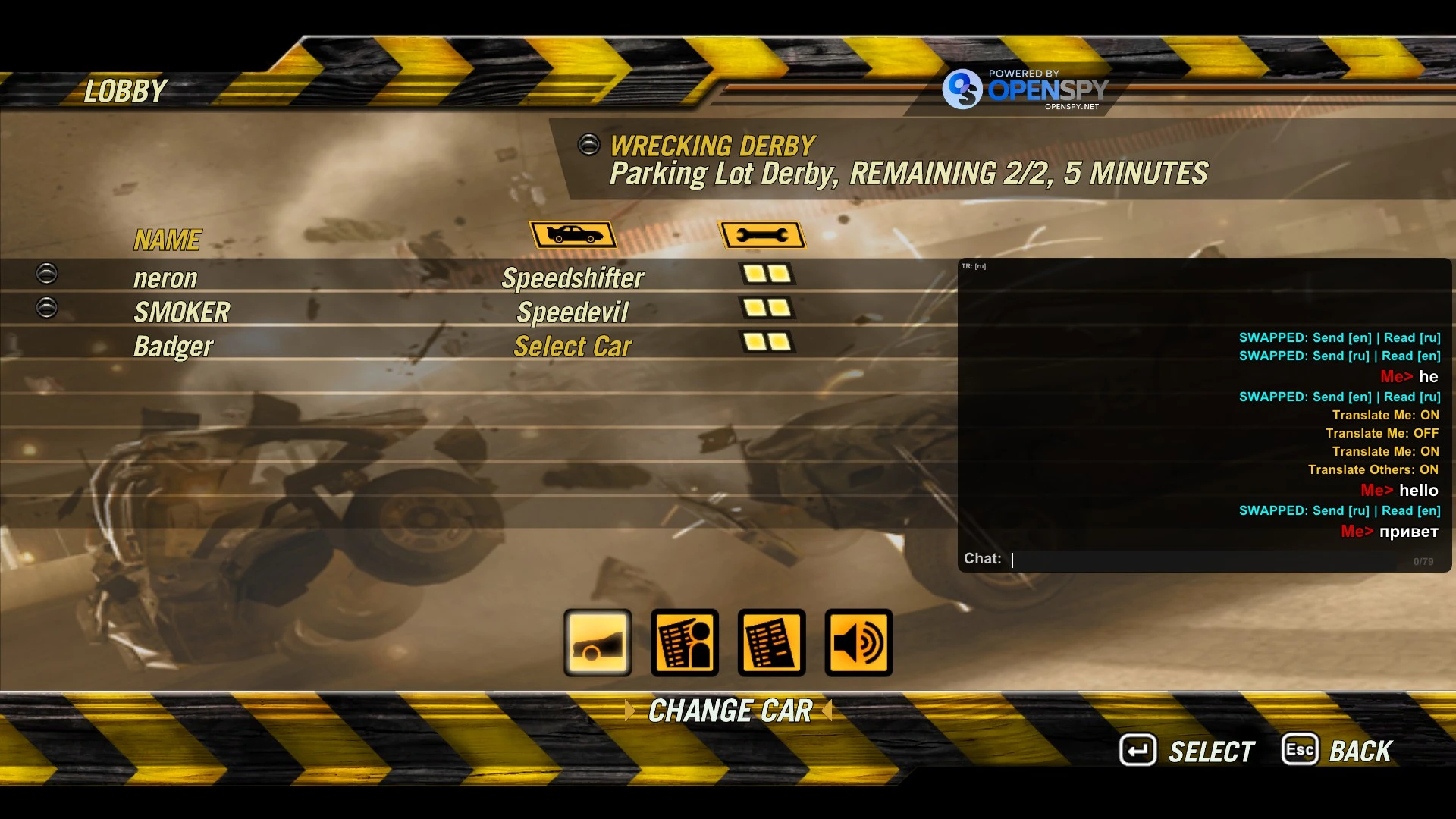 FlatOut 2 Mod Better FlatOut Chat zeigt Wrecking Derby Lobby mit mehrsprachigem Übersetzungs-Chat