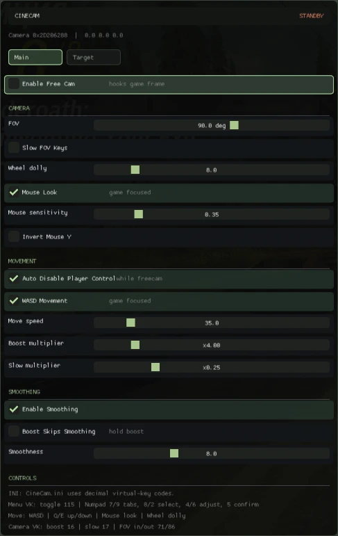 Screenshot of CineCam mod settings menu in FlatOut 2 showing camera and movement controls