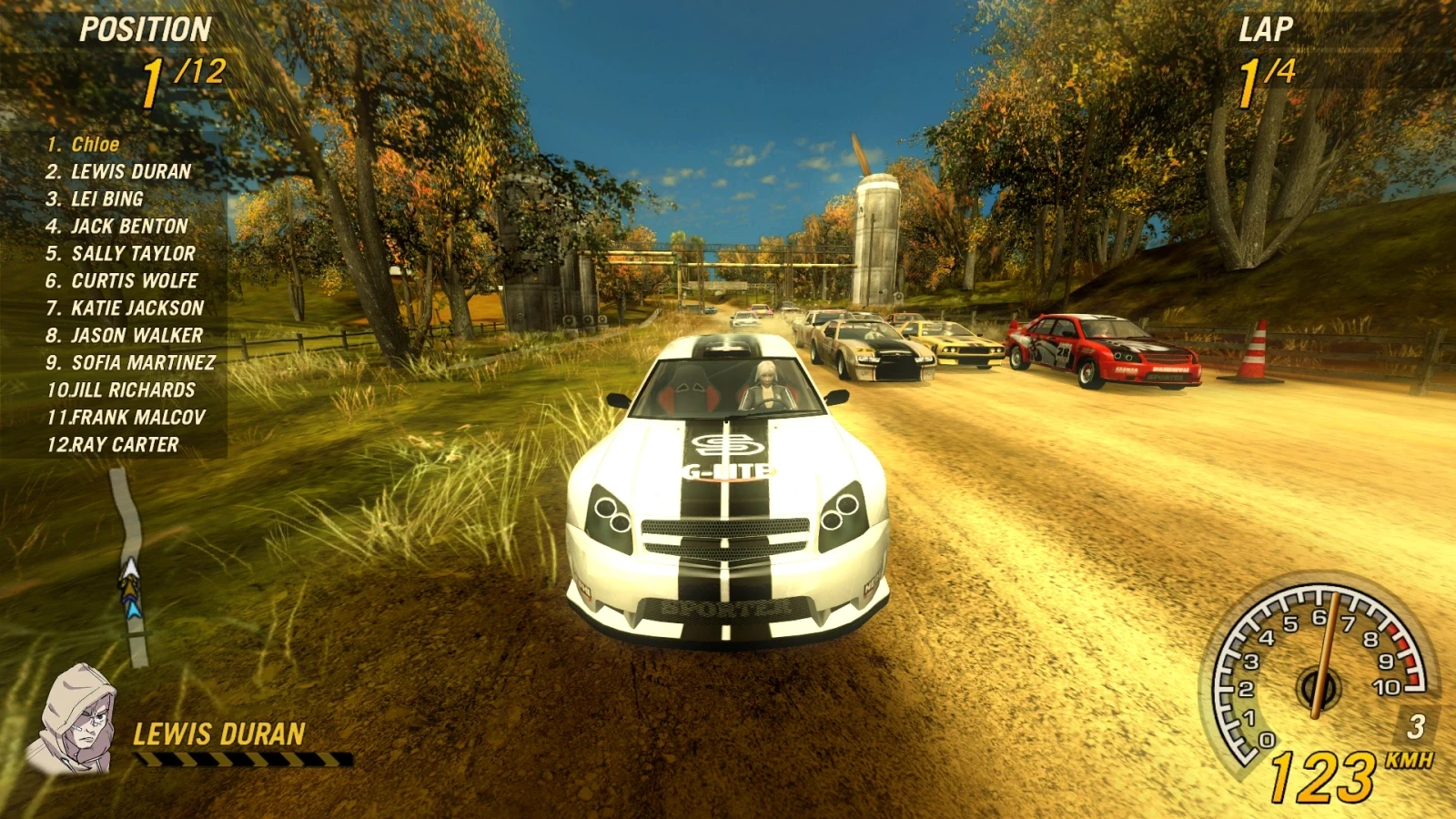 Captura de pantalla de un coche deportivo blanco en primera posición en una pista de tierra con otros corredores detrás en el mod FlatOut 2 AI Limit Adjuster