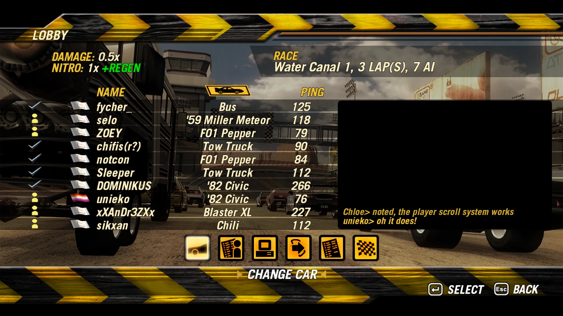 Captura de pantalla del lobby multijugador con nombres de jugadores y coches en el mod FlatOut 2 Chloe Online