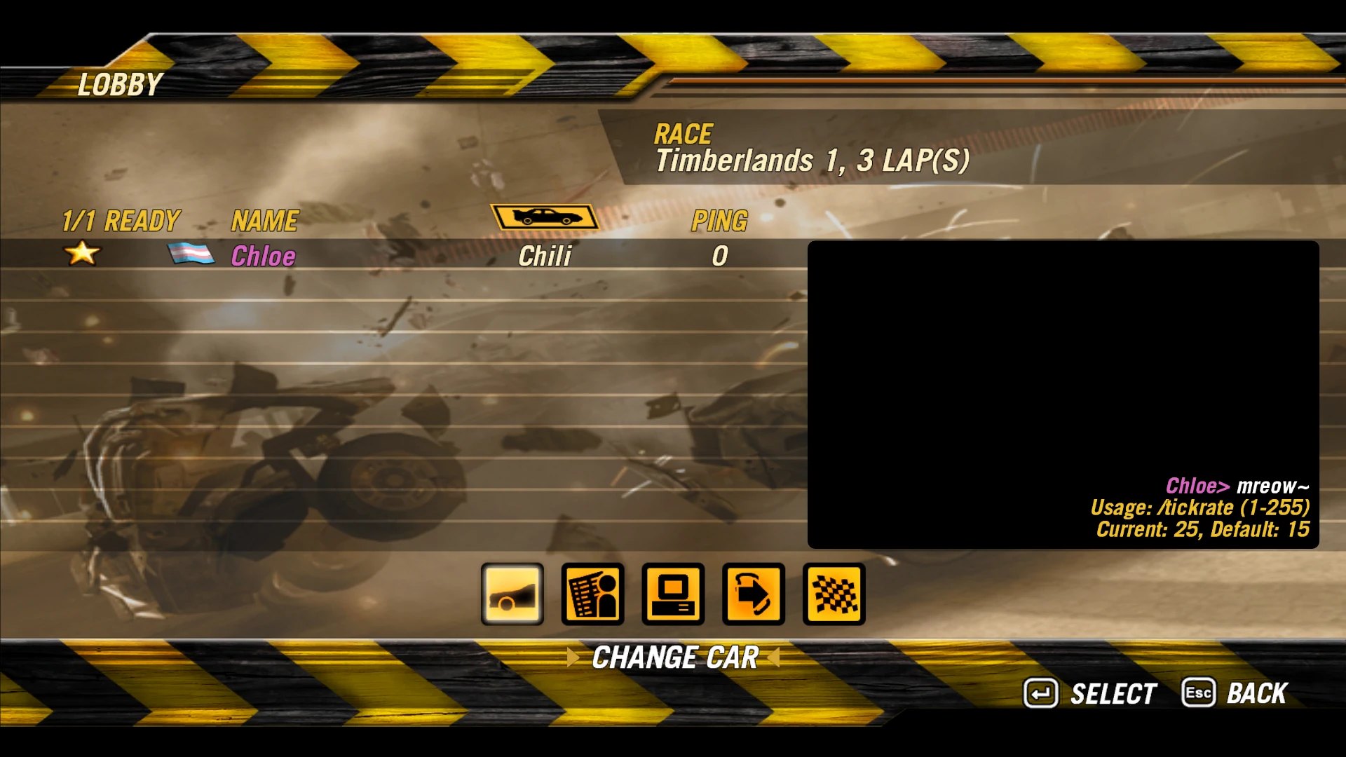 Captura de pantalla del lobby de carrera individual con el jugador listo para competir en el mod FlatOut 2 Chloe Online