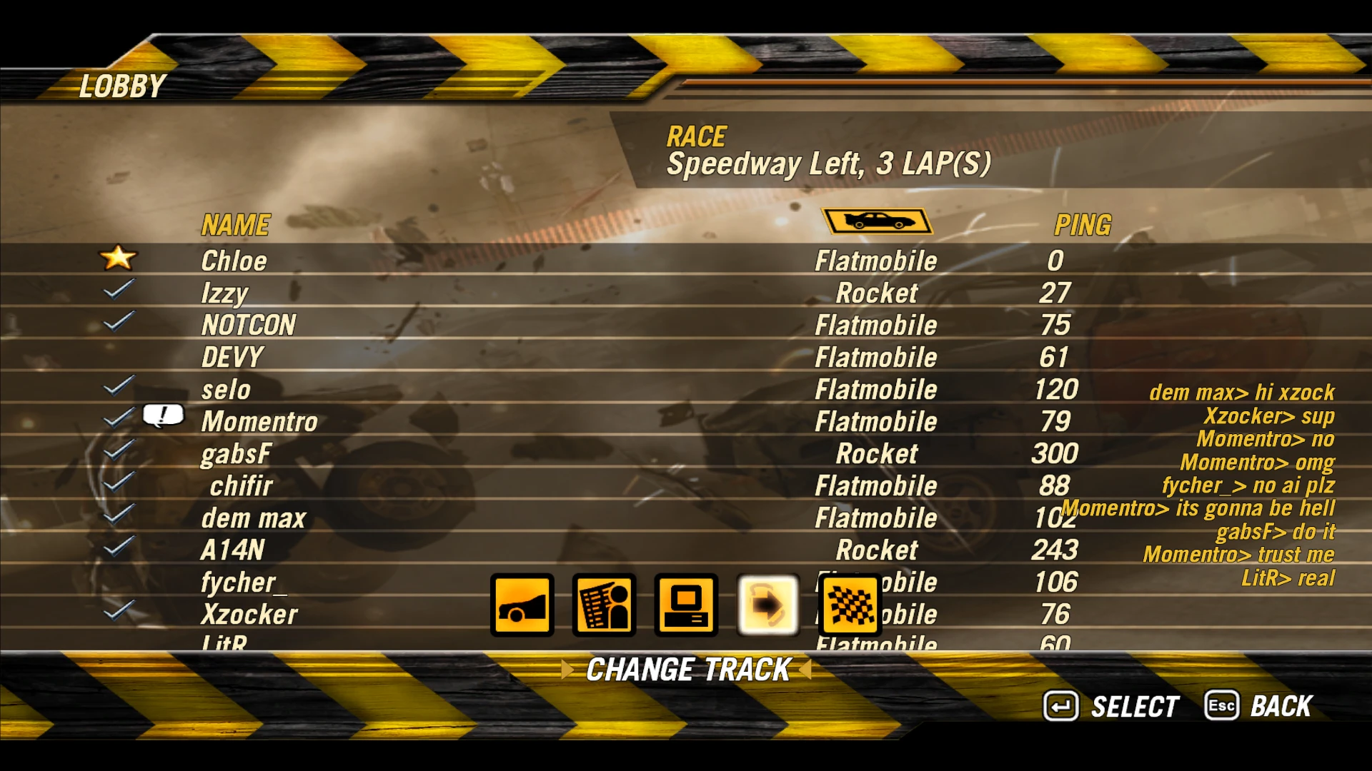 Captura de pantalla del lobby multijugador con lista de jugadores y coches antes de la carrera en el mod FlatOut 2 Chloe Online