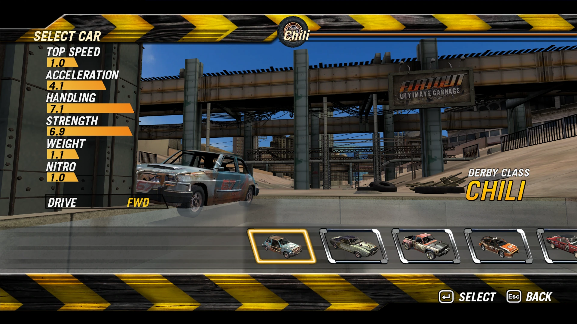 Меню модификации FlatOut 2 с отображением характеристик и выбором машины класса Chili