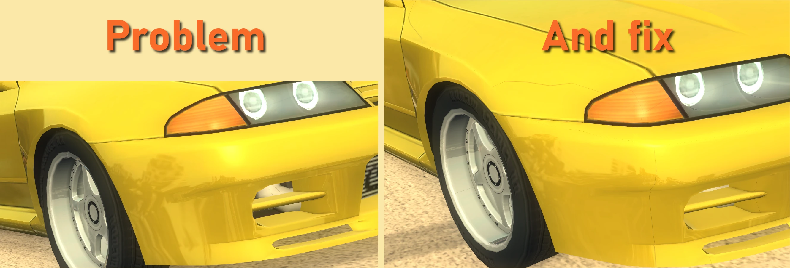 Comparación de un coche amarillo en FlatOut 2 mostrando problema de shader a la izquierda y shader corregido a la derecha