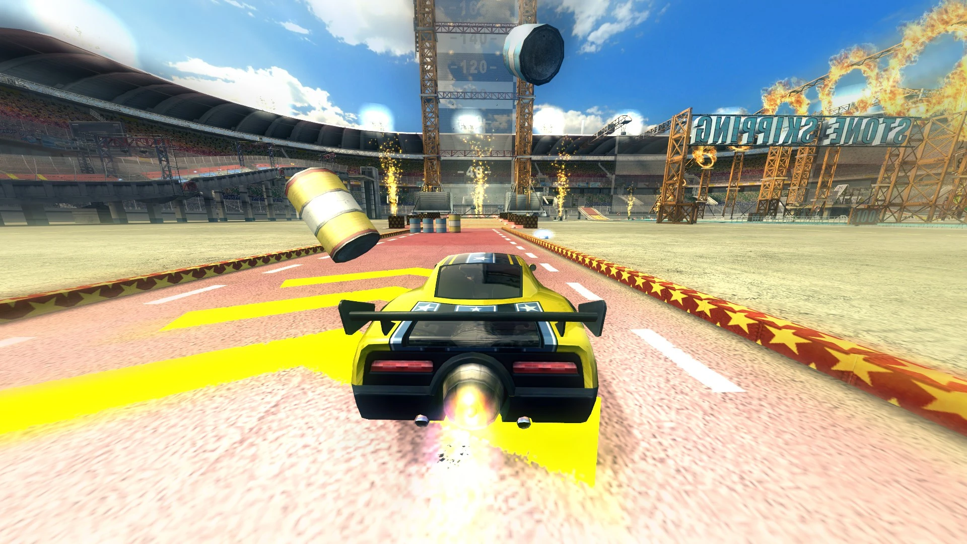 Скріншот з FlatOut 2 із жовтим автомобілем на трасі, що змагається з плаваючими бочками та вогняними ефектами, HUD відключений модом