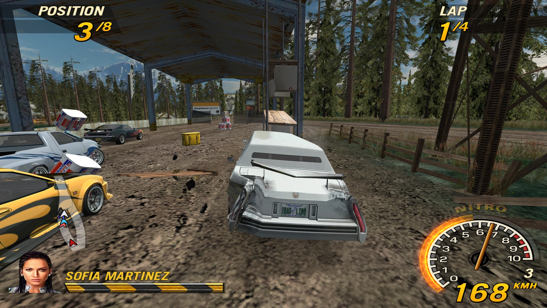 Скріншот з FlatOut 2 з гонкою під будівельним майданчиком, уламками та автомобілями на високій швидкості