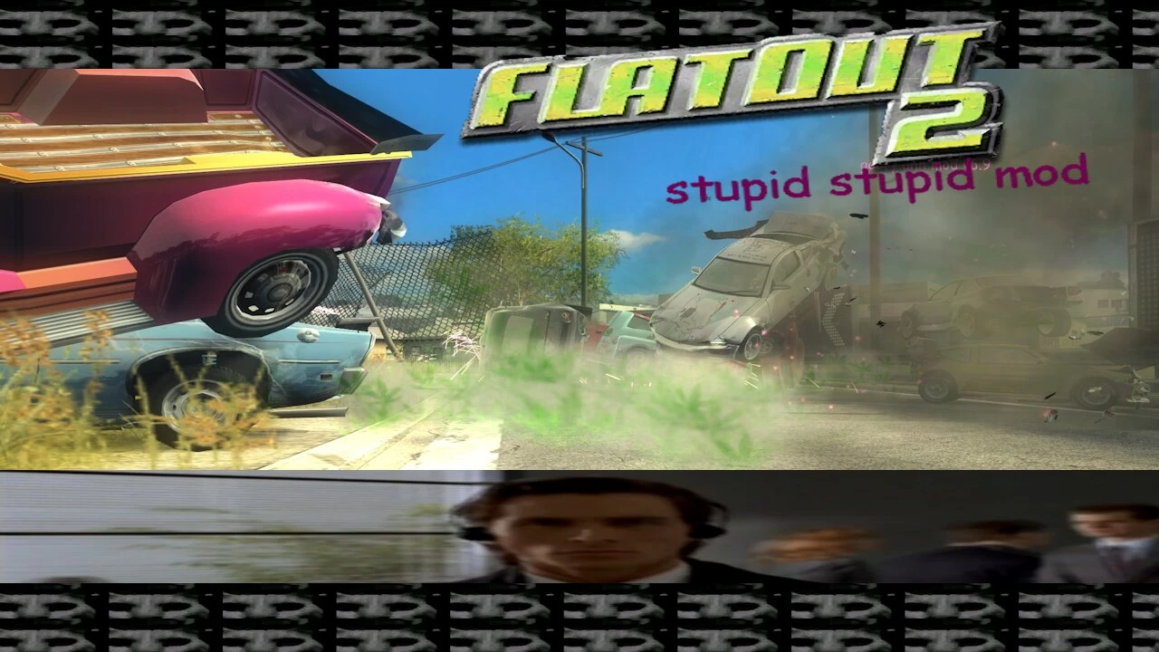 Zrzut ekranu FlatOut 2 z kilkoma samochodami rozbijającymi się i unoszącymi w powietrzu dzięki modowi Stupid Stupid Mod