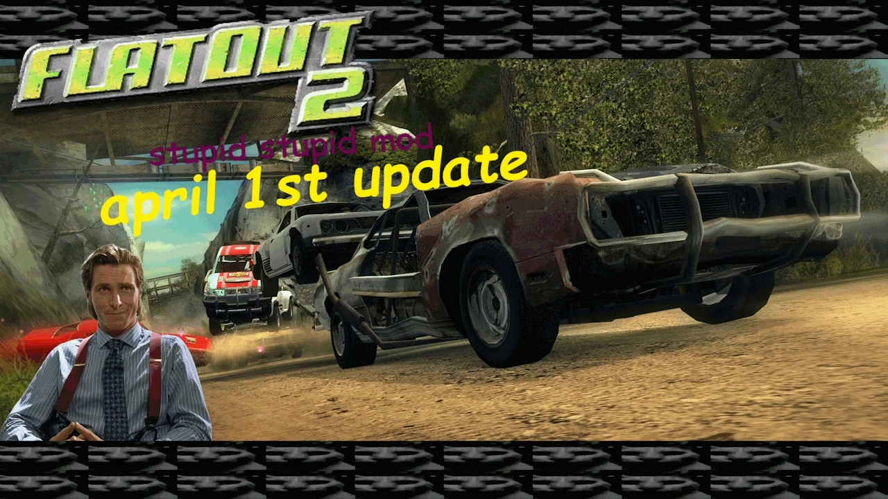 Gameplay FlatOut 2 z uszkodzonymi samochodami na drodze gruntowej i tekstem aktualizacji moda
