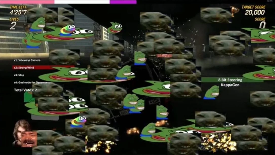 Menú del mod FlatOut 2 muestra pantalla caótica llena de caras distorsionadas superpuestas de Pepe rana y gato
