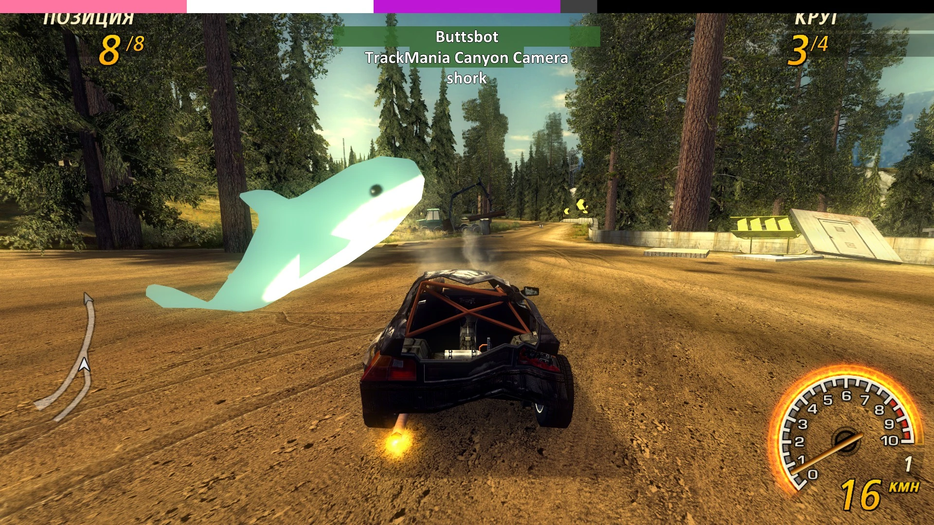 Coche dañado en carretera de tierra con efecto visual de tiburón y HUD de posición en mod Chaos de FlatOut 2