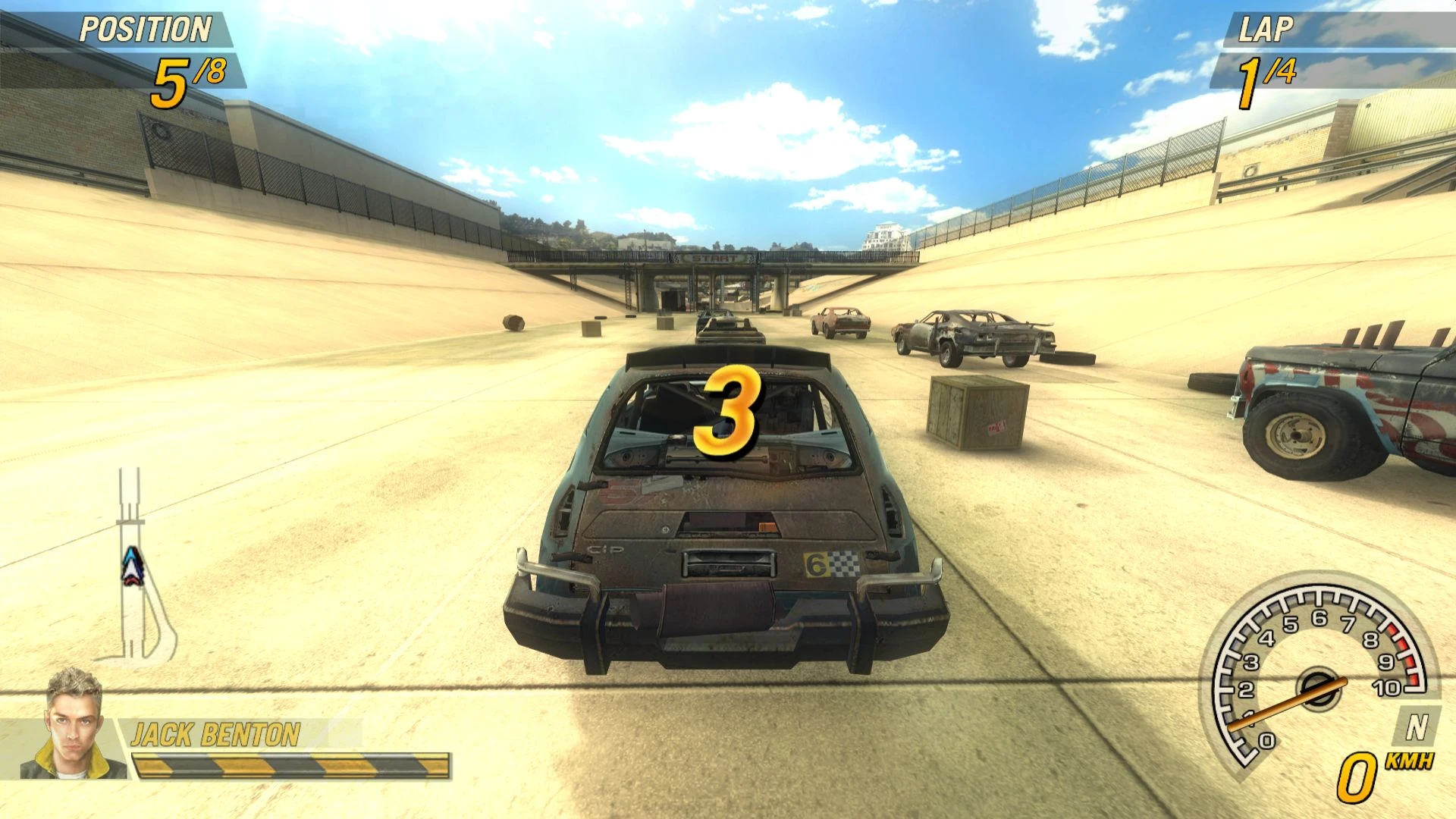 Screenshot mit Rennstart-Countdown und Autos auf einer benutzerdefinierten Karte im FlatOut 2 ZPatch FO2 Mod
