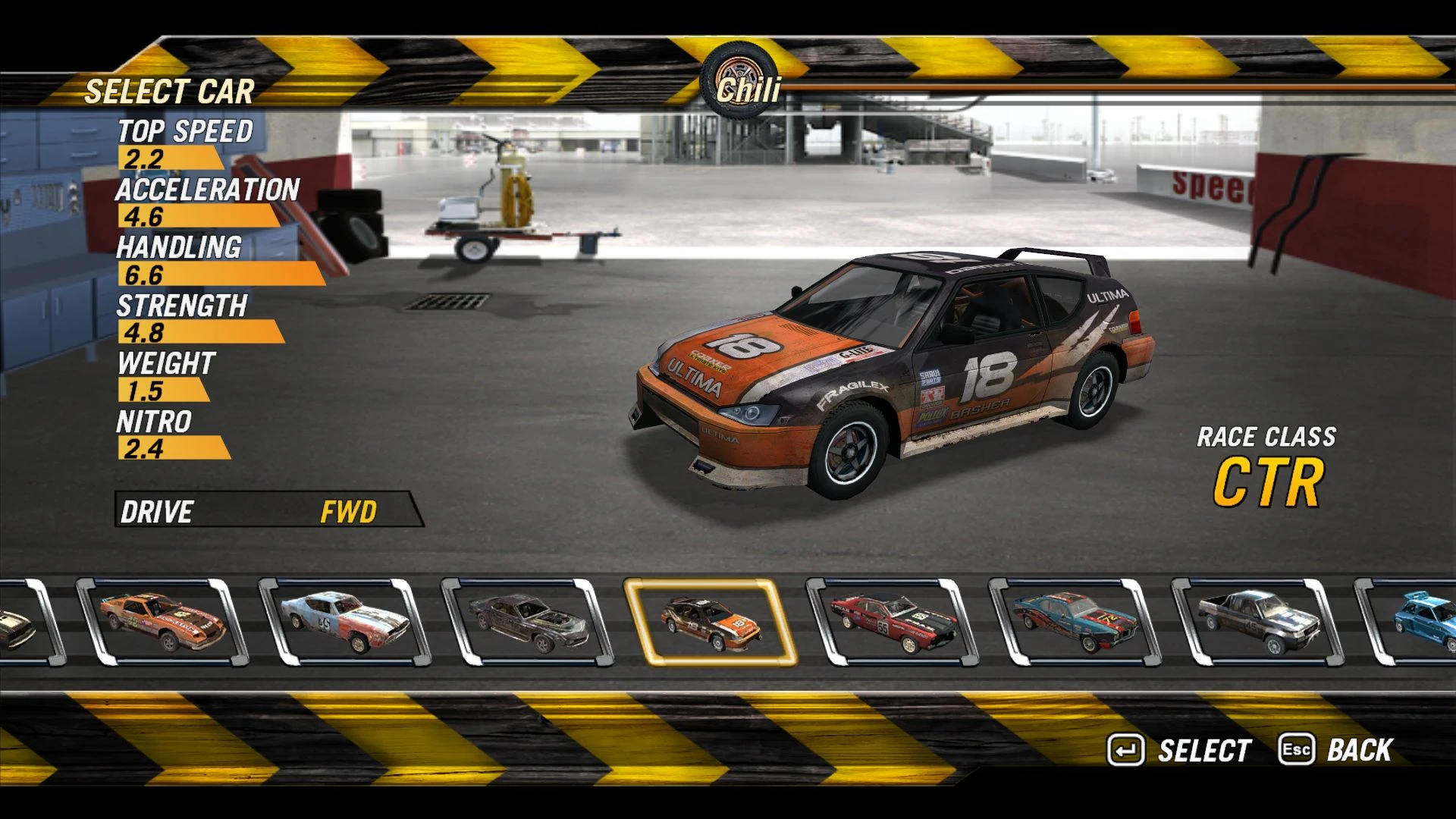 Screenshot des Fahrzeugauswahlmenüs im ZPatch FO2 Mod für FlatOut 2 mit CTR-Klasse Fahrzeug und Werten wie Geschwindigkeit, Beschleunigung, Handling und Nitro