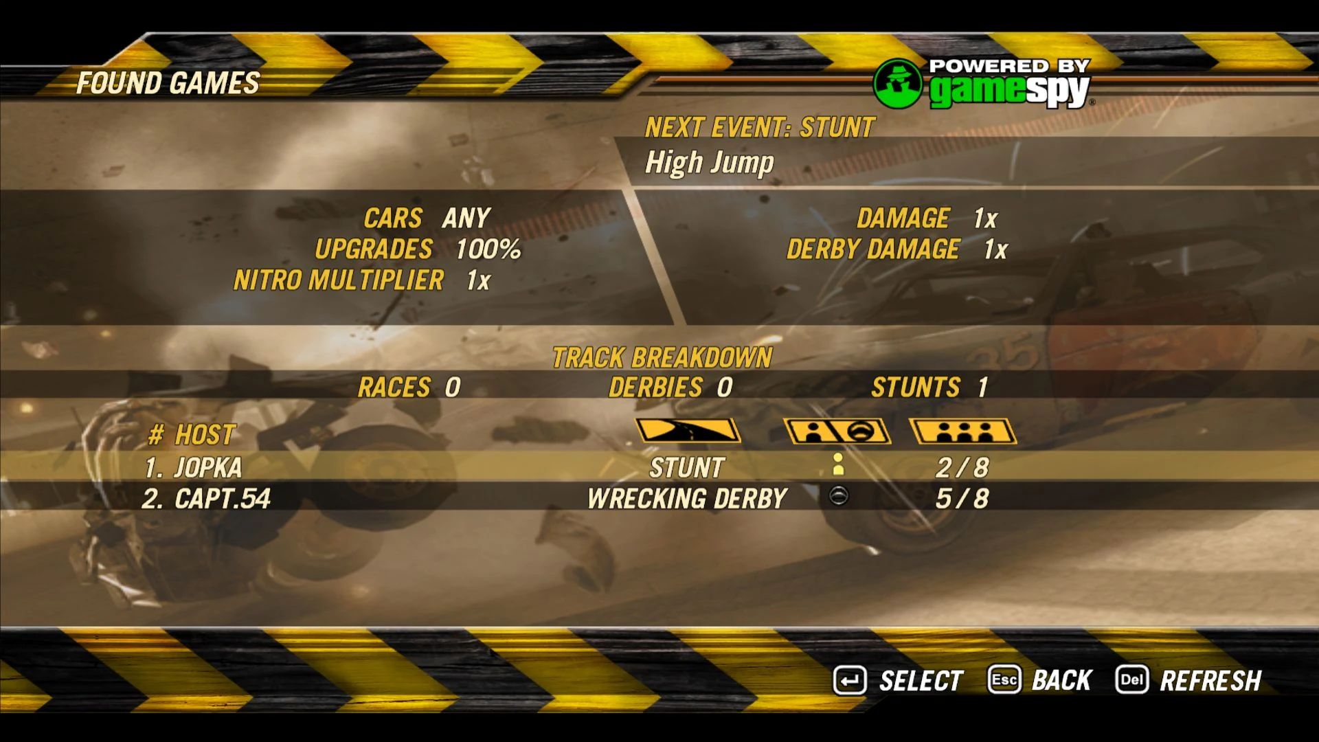 Screenshot der Mehrspieler-Lobby mit bevorstehenden Stunt-‚High Jump‘- und Derby-Events im FlatOut 2 ZPatch FO2 Mod