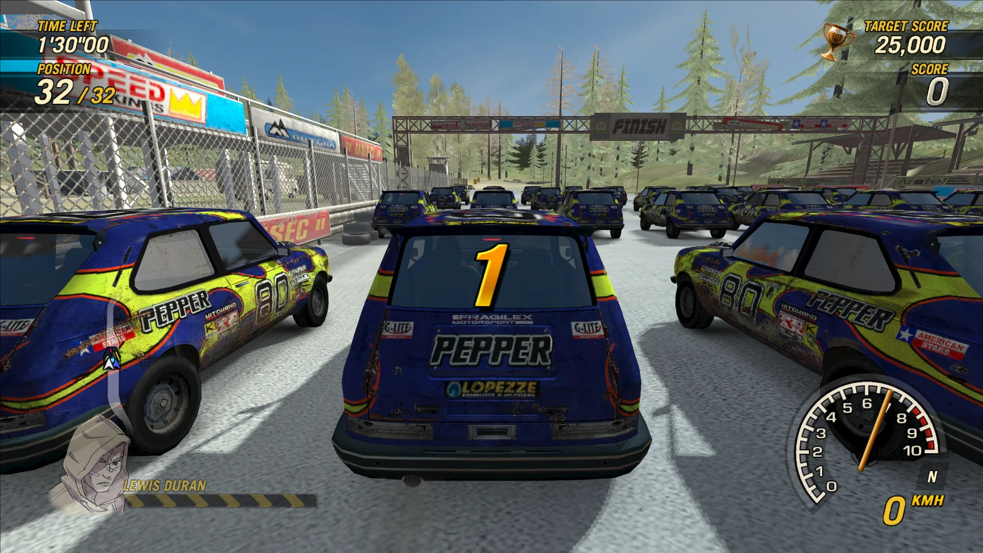 Reihe blauer Mini-Autos mit gelben Streifen an der Startlinie eines Rennens im Mod FlatOut UC Chloe Collection