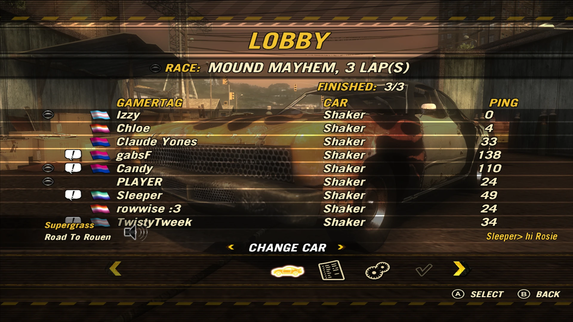 Mehrspieler-Lobby mit Spielerliste, Autos und Ping im Mod FlatOut UC Chloe Collection