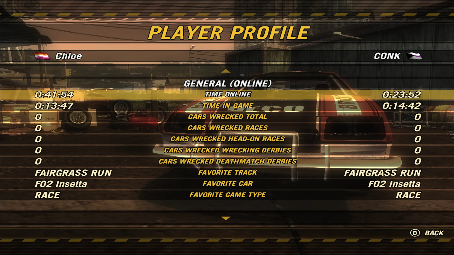 Spielerprofilbildschirm von FlatOut Ultimate Carnage mit Spielstatistiken der Spieler Chloe und CONK
