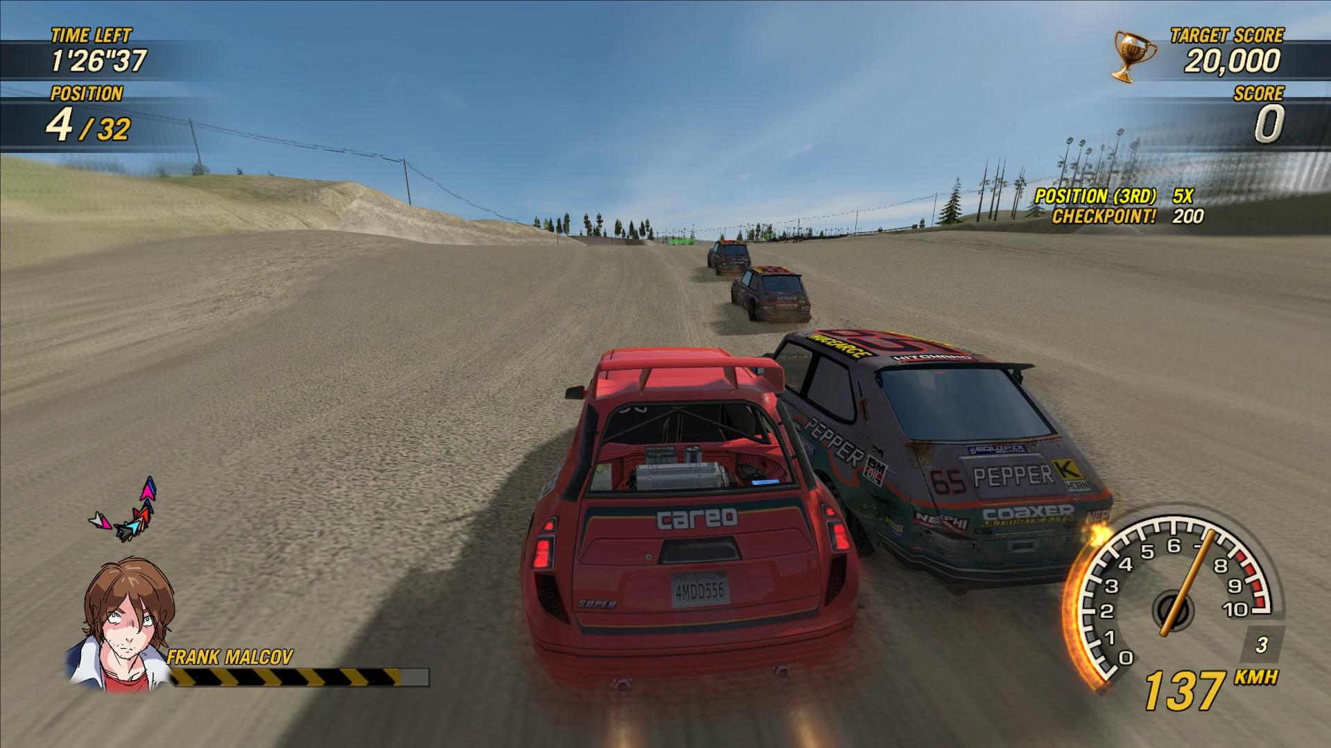 Zwei Autos fahren Seite an Seite auf einer sandigen Offroad-Strecke im Mod FlatOut UC Chloe Collection