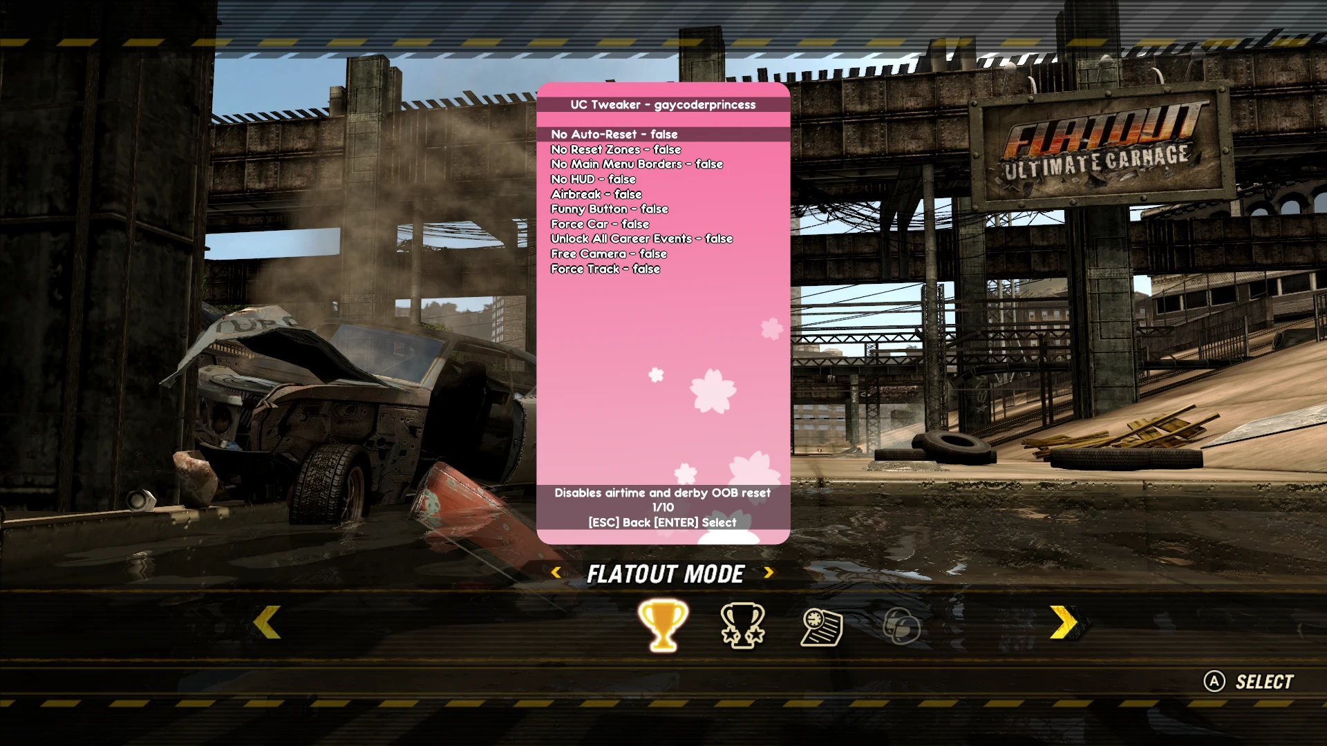 Captura de pantalla del juego FlatOut Ultimate Carnage mostrando menú Tweaker con opciones desactivadas como No HUD y Airbreak
