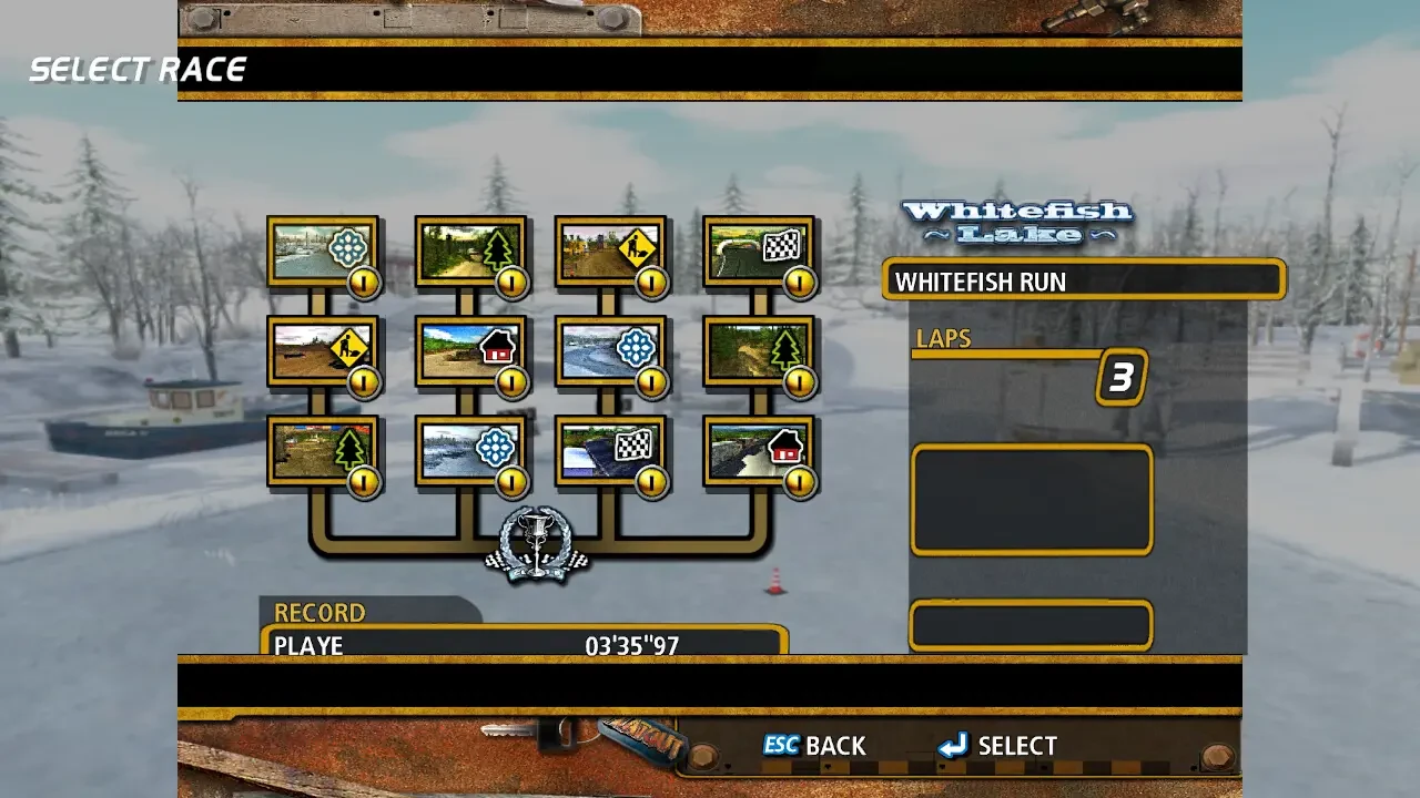 Ekran wyboru wyścigu w modzie FlatOut 1 pokazujący Whitefish Run z liczbą okrążeń i rekordowym czasem