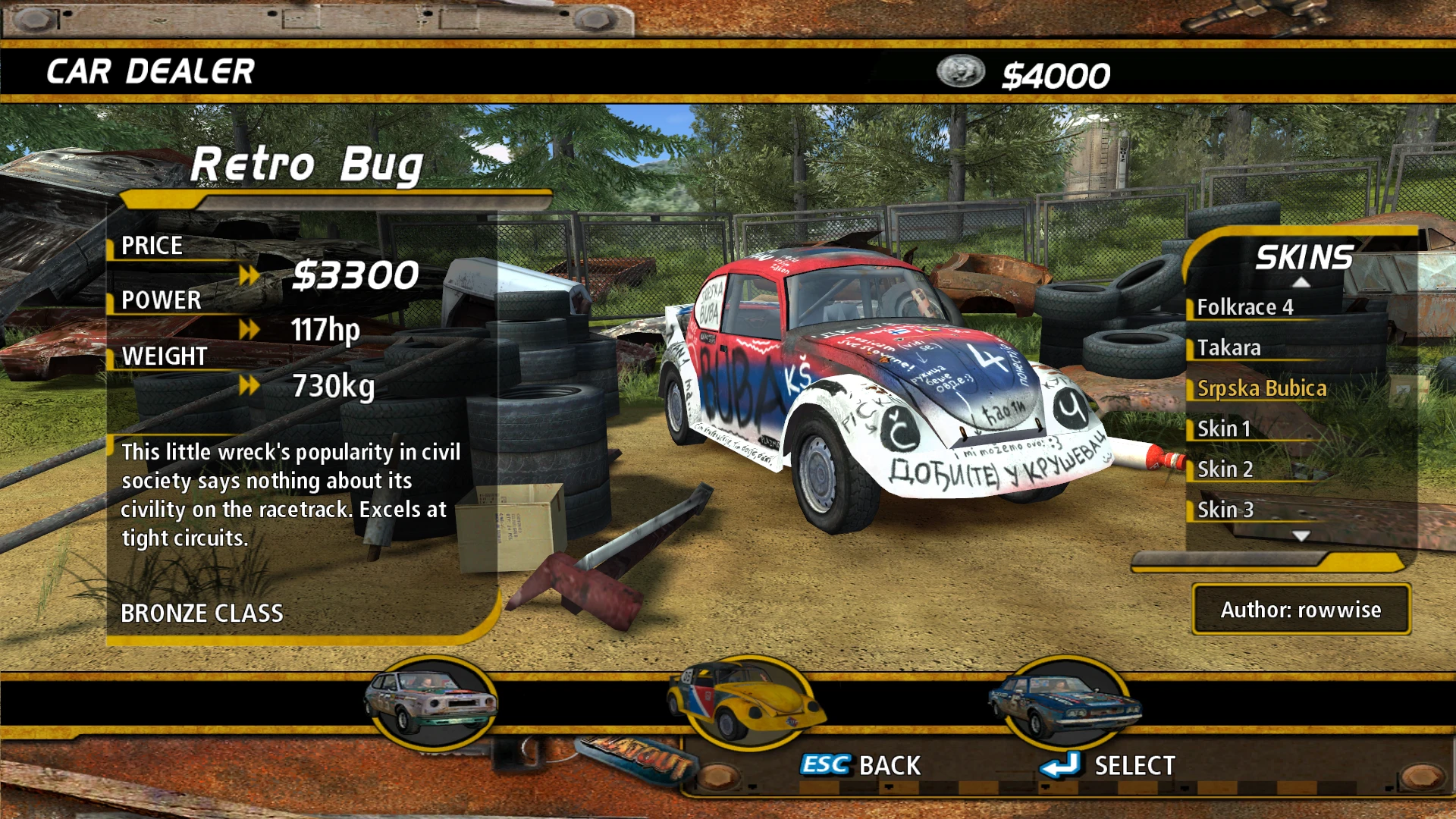 Fahrzeugauswahl mit Retro Bug, Leistungsdaten und verschiedenen Skins im FlatOut 1 Chloe Collection Mod