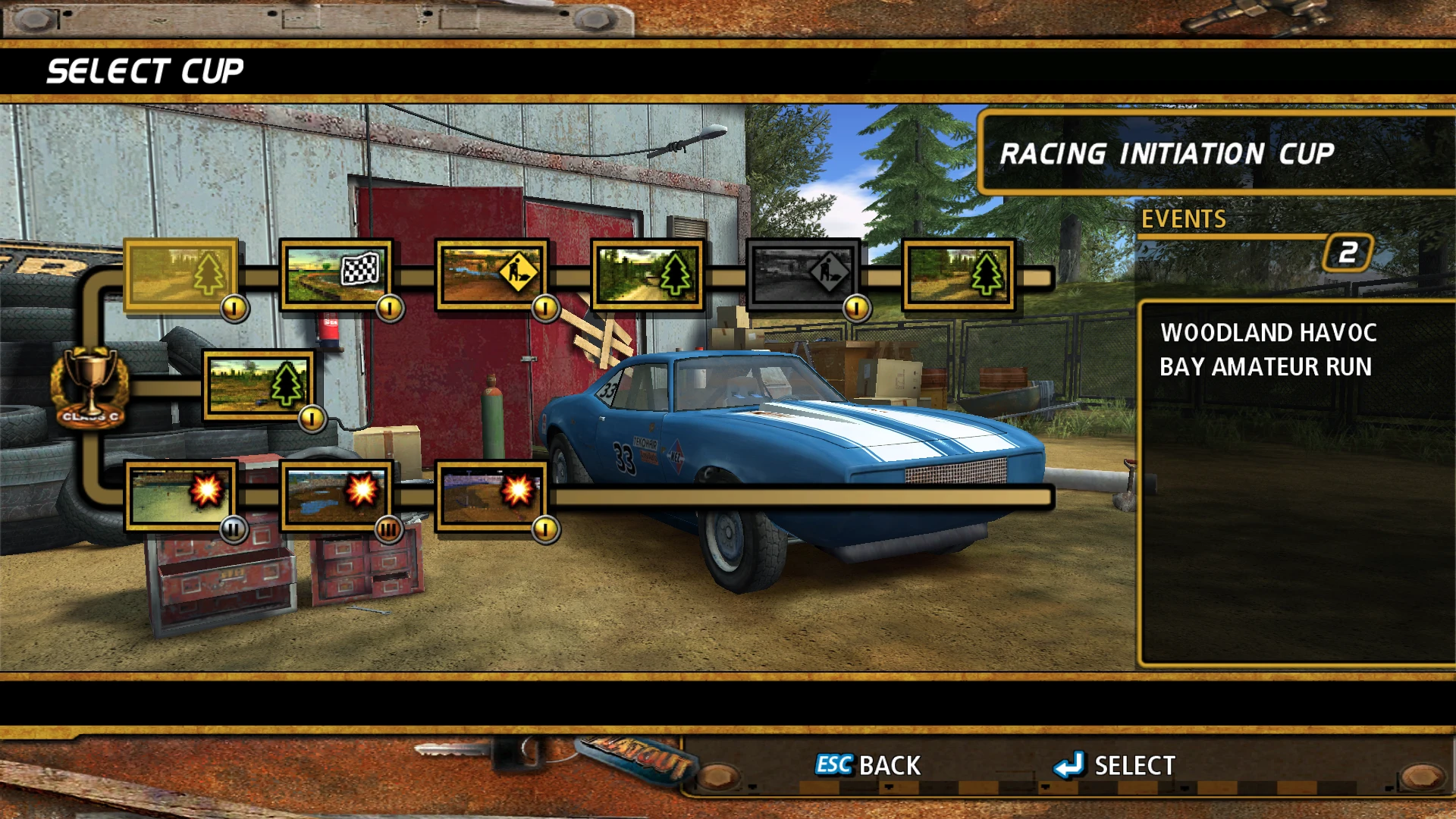 FlatOut 1 Chloe Collection Mod Bildschirm mit Streckenauswahl für Racing Initiation Cup, blauem Auto und Eventliste