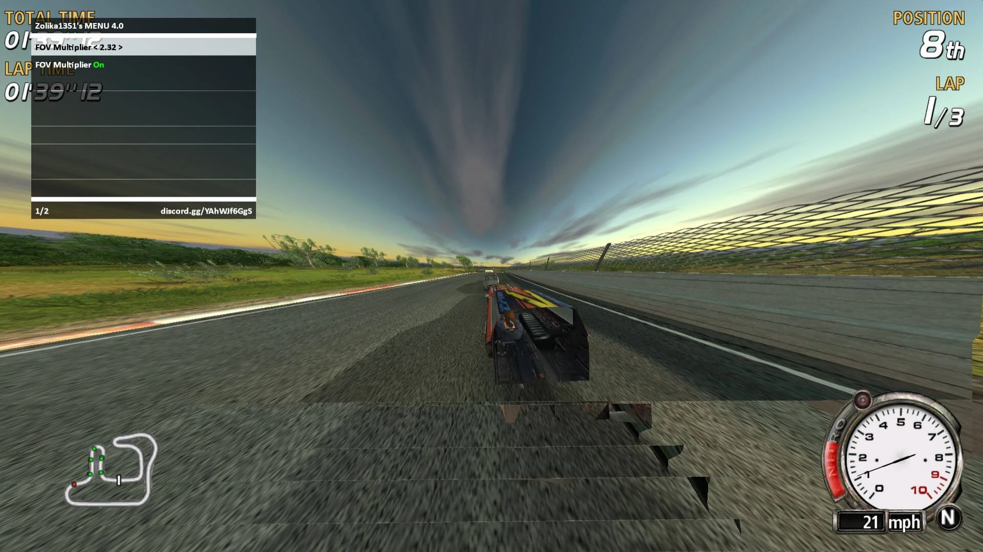 Скриншот игрового процесса FlatOut с искажённой моделью машины и меню ZMenu