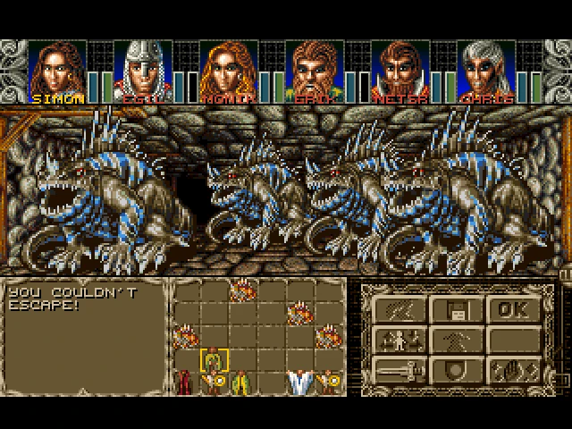 Captura de pantalla del juego Ambermoon 1993 mostrando seis personajes enfrentándose a cuatro grandes dragones