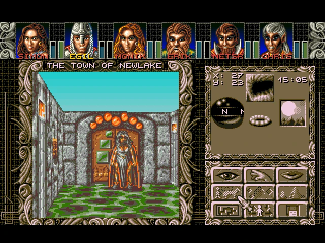 Vista en primera persona de un pasillo con estatua y una interfaz que muestra estadísticas del grupo en Ambermoon