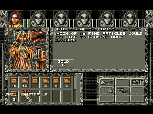 Pantalla de Ambermoon con el personaje Simon interactuando con el menú de tienda de misticismo y objetos del inventario