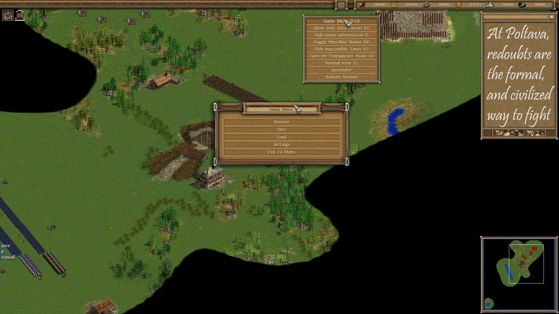 Spielaufnahme mit Pausenmenü, Truppen bei Redouten und strategischer Karte in American Conquest Fight Back