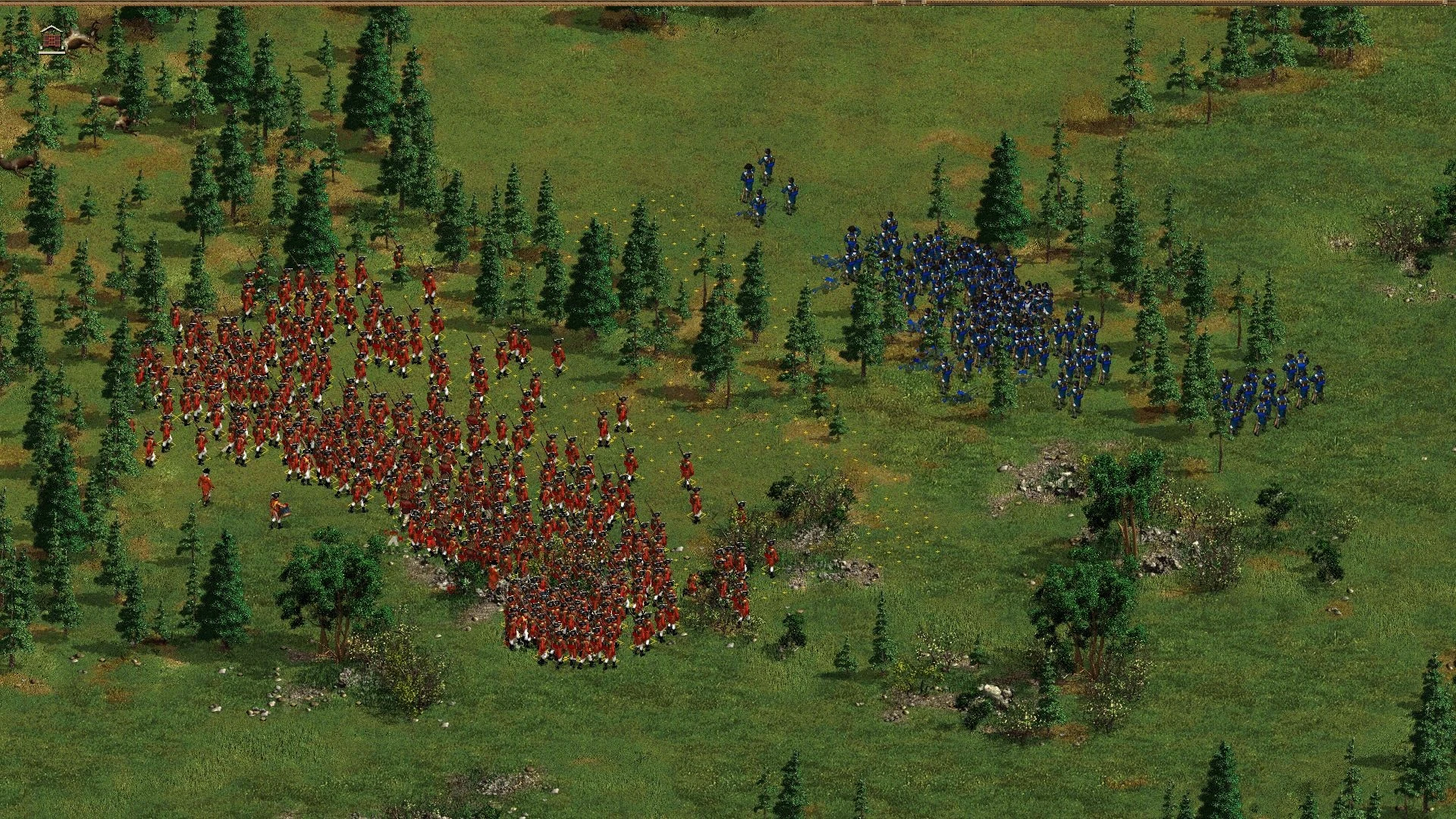 Dos grandes grupos de soldados con uniformes rojos y azules enfrentándose en un campo de batalla boscoso