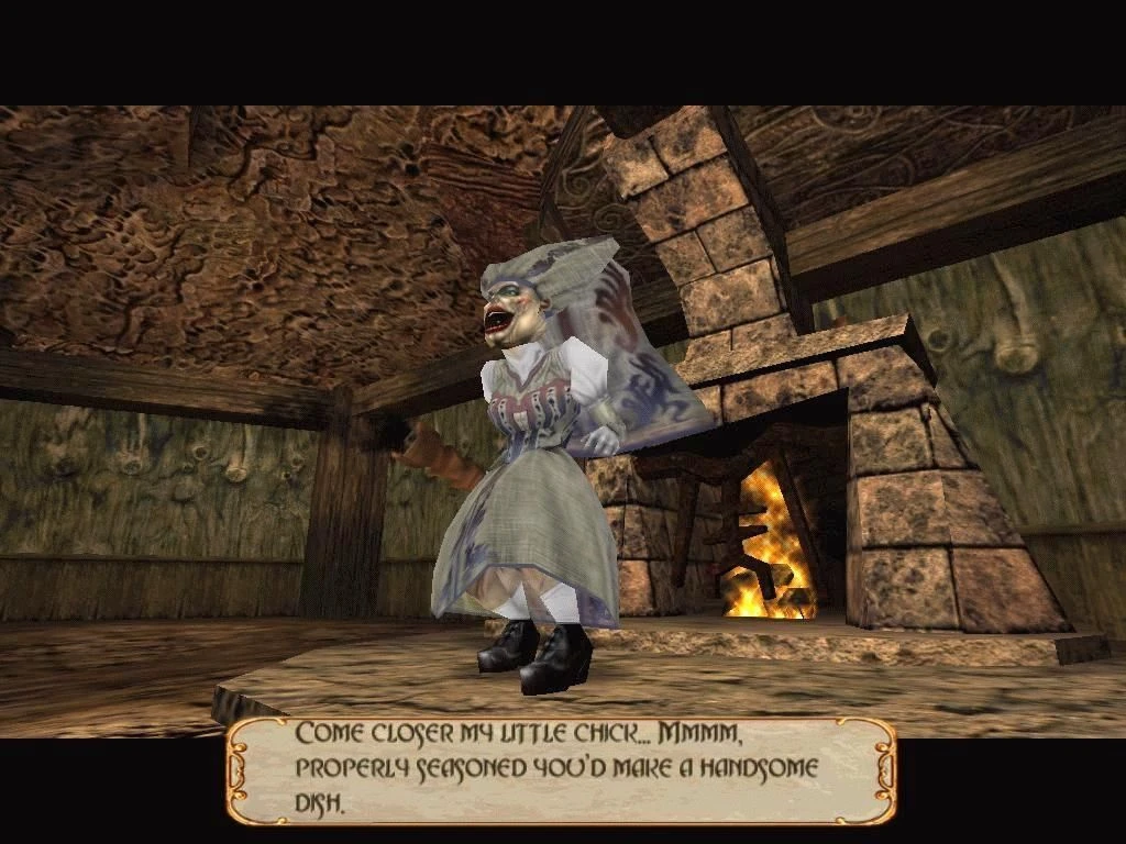 Personaje aterrador y deformado en una habitación oscura de madera con chimenea de piedra de American McGee's Alice
