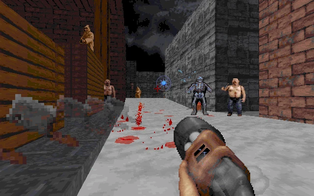 Widok z pierwszej osoby trzymając strzelbę w ciemnym miejskim zaułku walcząc z różnymi wrogami w Blood 1997