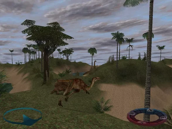 A dinosaur running across a grassy prehistoric landscape with trees under a cloudy sky in Carnivores 2