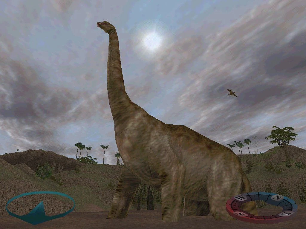 A large Brachiosaurus dinosaur under a cloudy sky with a compass HUD in Carnivores 2