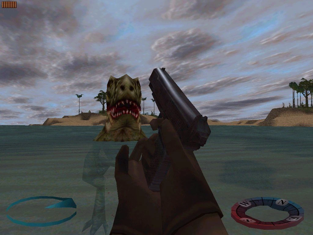 Player aiming handgun at a swimming dinosaur approaching from the water in Carnivores 2 game