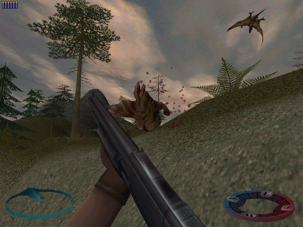 Player fires a shotgun at attacking raptors with blood splatter in a forested hilly area in Carnivores 2