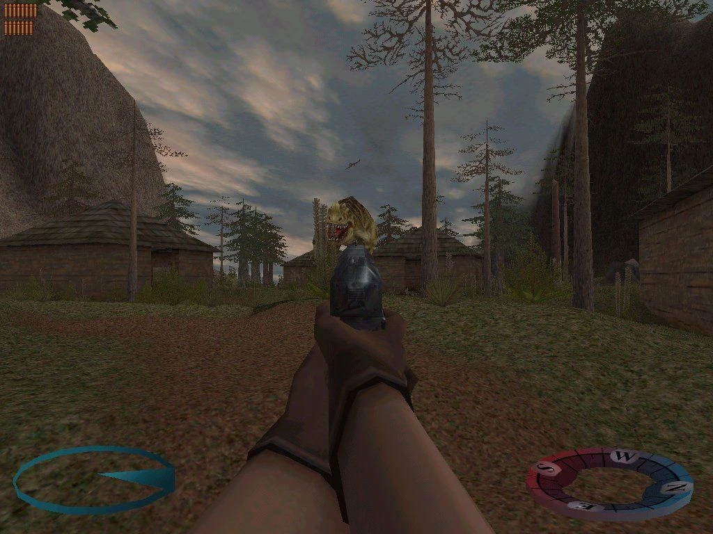 First-person view aiming pistol at a dinosaur in a forest village environment in Carnivores 2