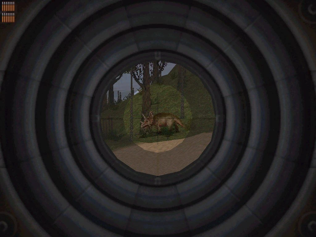 In-game view looking through a sniper rifle scope targeting a dinosaur in a forested area