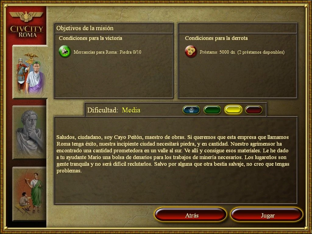 Missionsbildschirm in CivCity Rome 2006 mit Ziel, Stein zu sammeln, und mittlerem Schwierigkeitsgrad