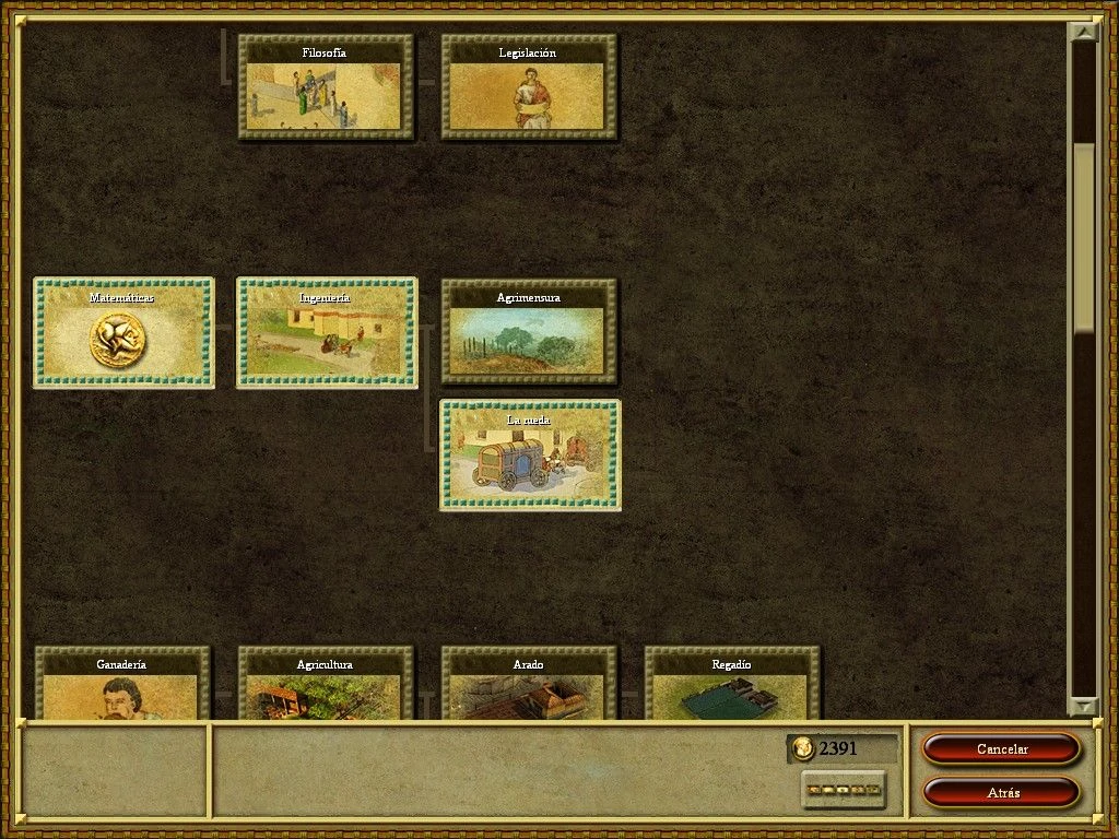 In-Game-Technologieforschungsbaum zeigt verschiedene Technologiekarten wie Mathematik, Ingenieurwesen und Landwirtschaft auf Spanisch