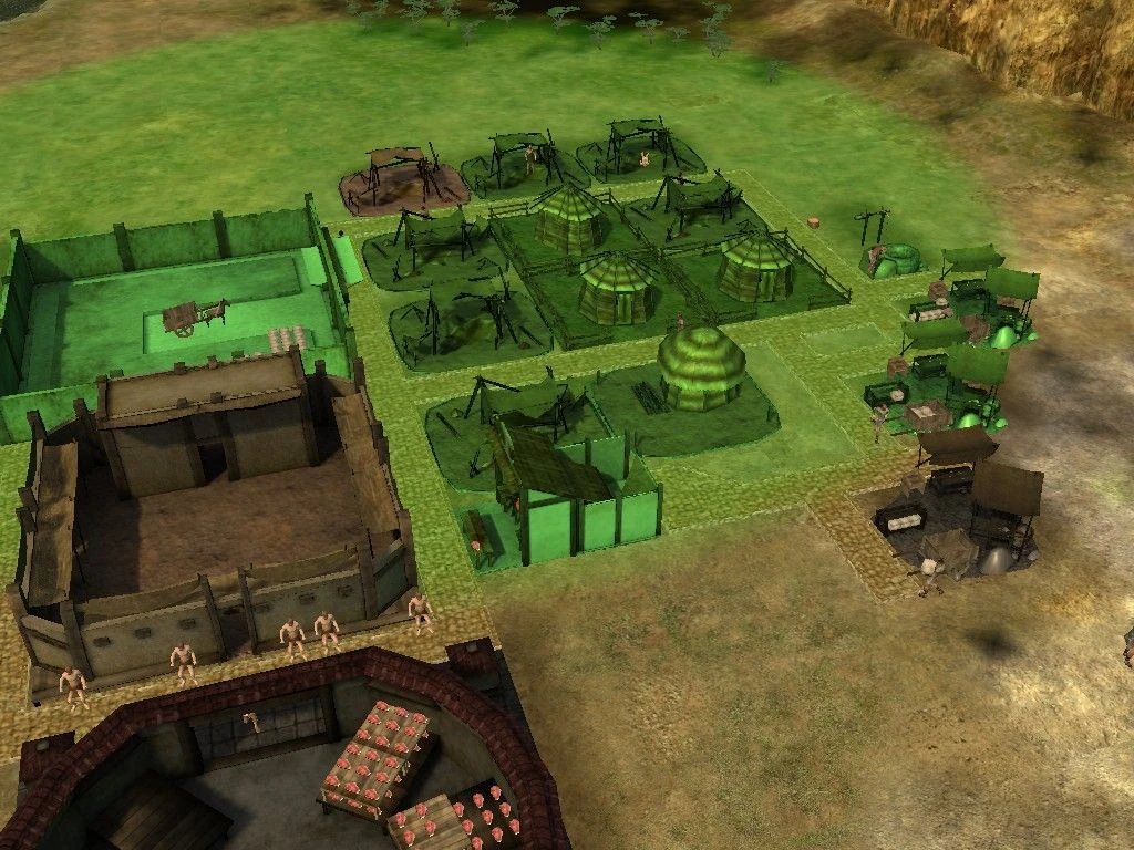 Draufsicht auf die Stadt CivCity Rome mit Militärkasernen, Zelten und Marktständen auf grüner und brauner Fläche