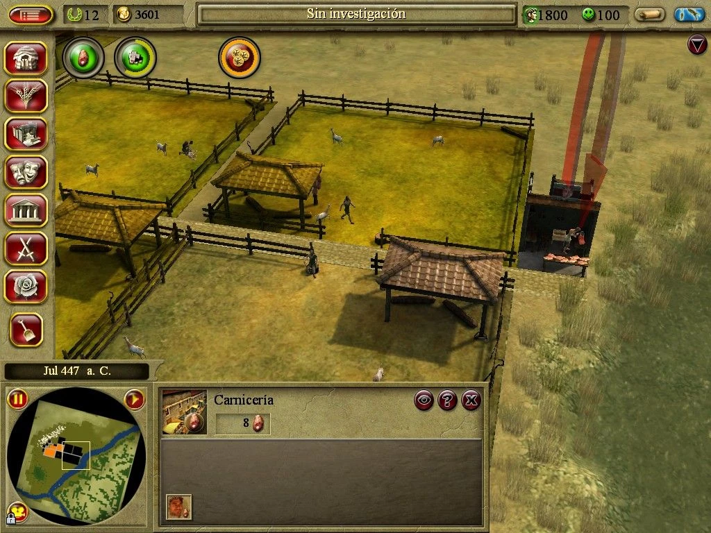 Stadtansicht mit eingezäunten Weiden und Metzgereigebäude in CivCity: Rome