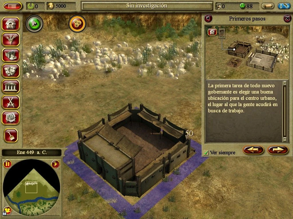 Spielbildschirm zeigt den Bau eines Stadtzentrums mit Tutorialtext in CivCity Rome 2006