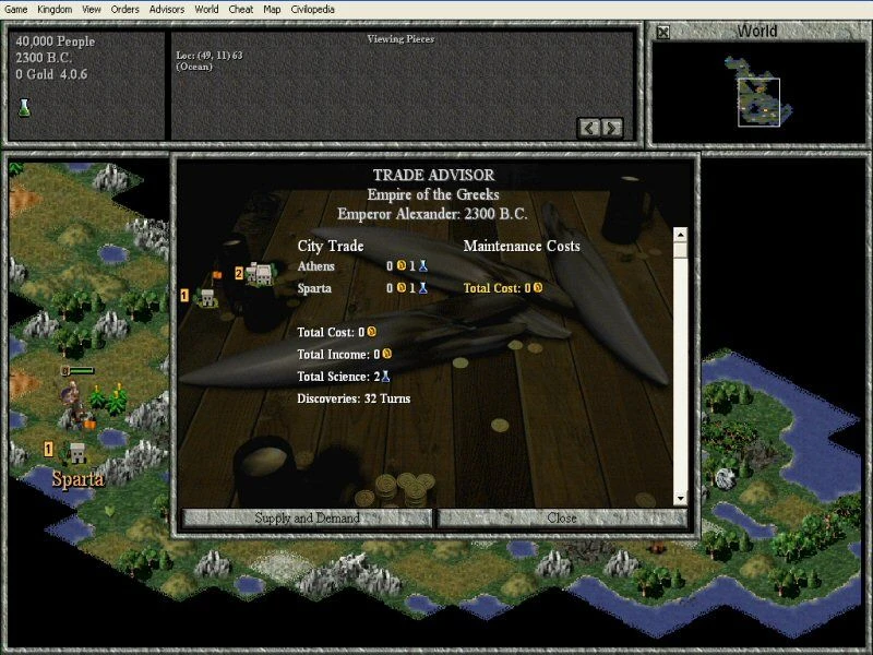 Pantalla del asesor comercial en Civilization II Test of Time mostrando detalles del comercio de las ciudades Atenas y Esparta del Imperio Griego