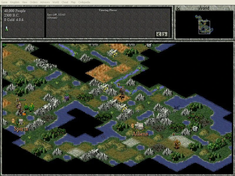 Captura de pantalla del juego mostrando mapa estratégico con ciudades Esparta y Atenas rodeadas de ríos, montañas y unidades