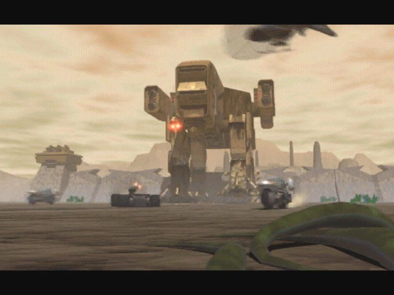 Ein großer zweibeiniger Mech feuert mit umgebenden Fahrzeugen auf einem kahlen Schlachtfeld