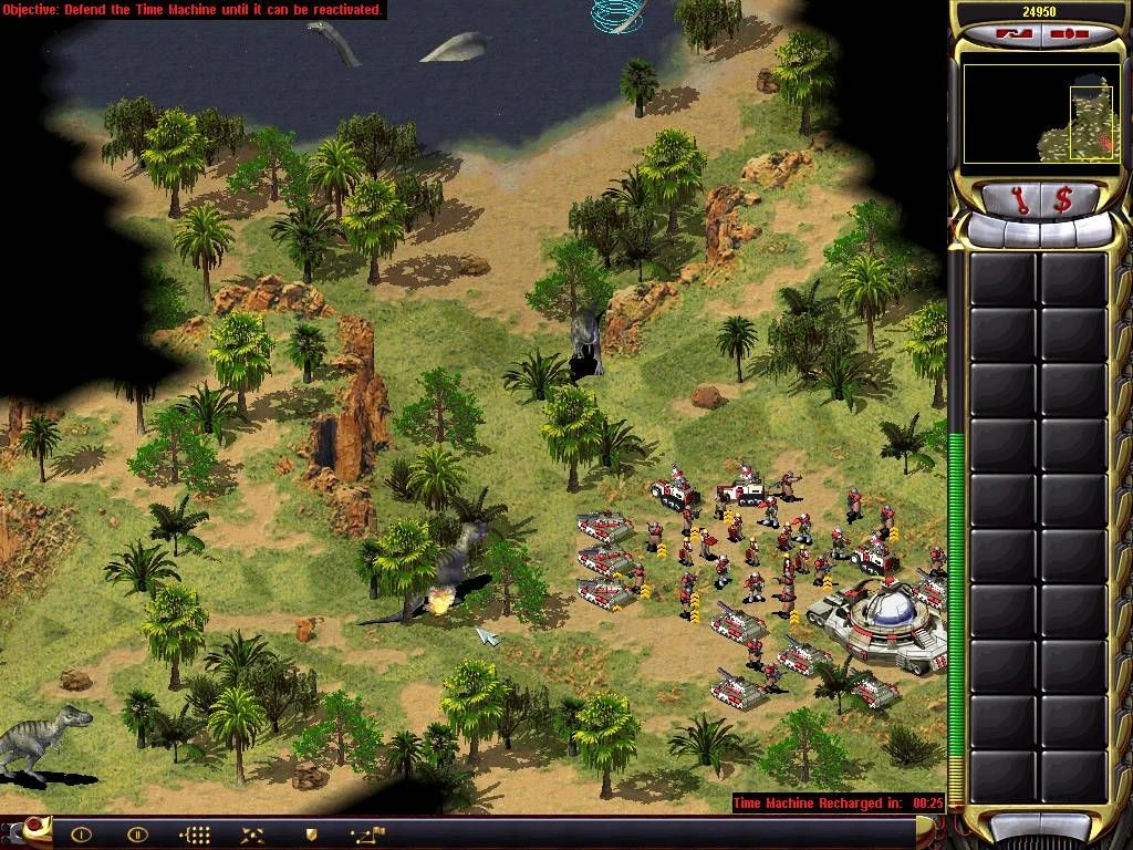 Скриншот игры Command & Conquer Yuri's Revenge с солдатами и танками, защищающими базу в джунглях