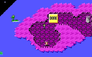 Captura de pantalla de Commander Keen Episodio III con una isla púrpura, serpiente, robot y cartel 'DONE'