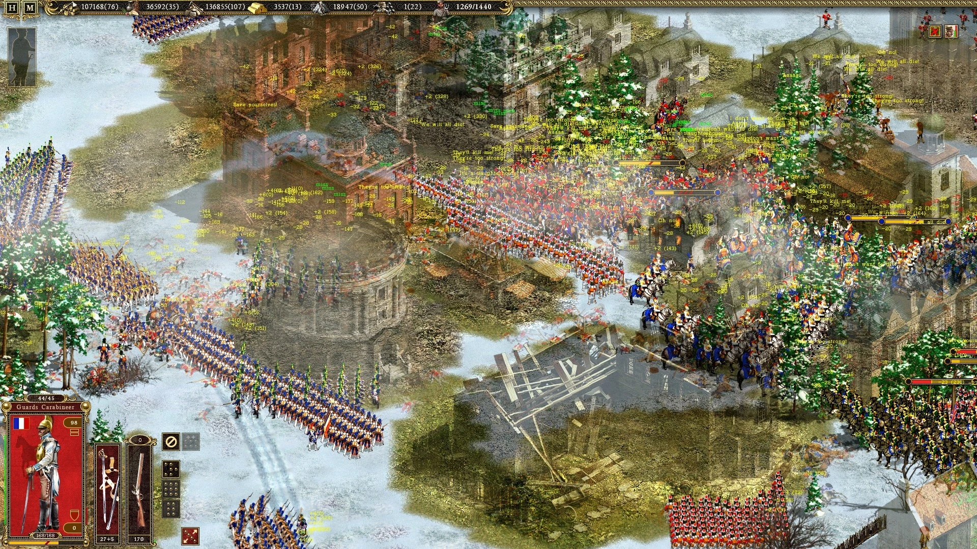 In-Game-Bild aus Cossacks II zeigt eine große Winterkampfszene mit zahlreichen Soldaten und Pferden, die ein schneebedecktes Dorf angreifen